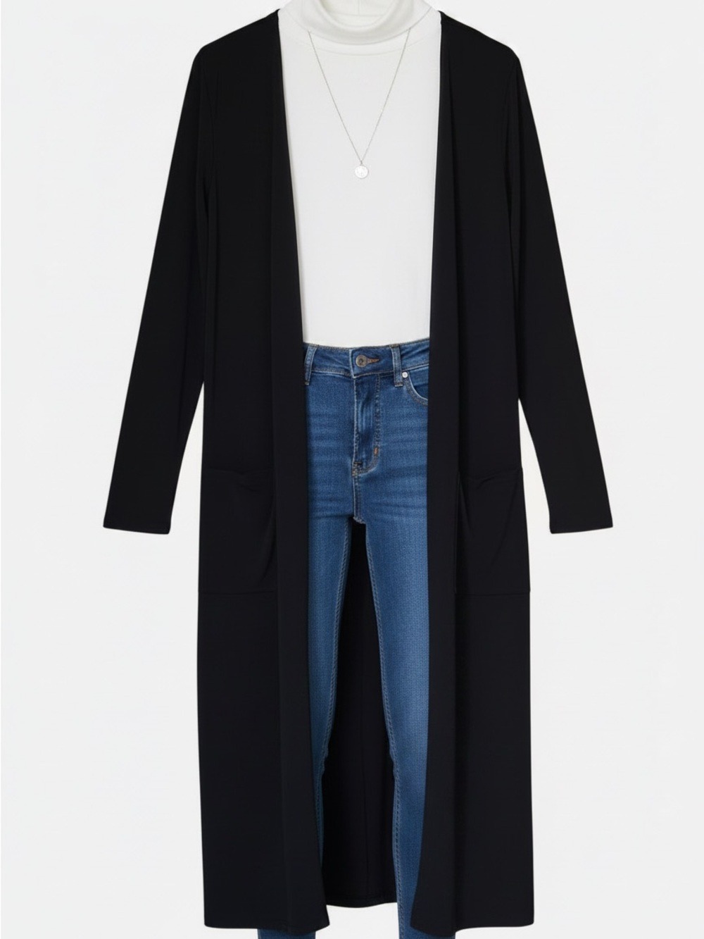 Long Open-Front Black Duster Cardigan - Picture 5 of 7